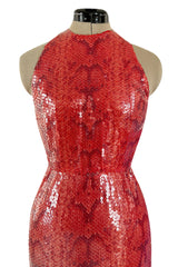 Documented 1974 Bill Blass Red Sequin & Snakeskin Print Ad Campaign Halter Dress