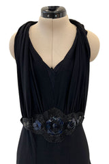 Avant Garde 1930s Black Moss Crepe Draped Halter Back Dress w Sequin Detailing
