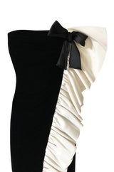 Fall 1979 Bill Blass Ivory Silk Ruffle on Ink Black Velvet Strapless Dress