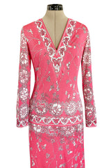 1970s Emilio Pucci Deep Pink Printed Silk Jersey Dress W High Snapped Slit Side Opening Skirt