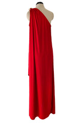 1981 Bill Tice Red One Shoulder Jersey Dress w Gold Lame Flower Detailing