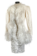 Documented Fall 1984 Emanuel Ungaro Haute Couture Silver Velvet Dress & Feather Jacket