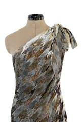 1970s Mollie Parnis Metallic Silver Gold & Copper Fluid Velvet One Shoulder Dress