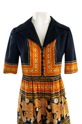 Late 1960s Oscar de la Renta Printed Orange & Black Jumpsuit w Extra Wide Side Slit Legs