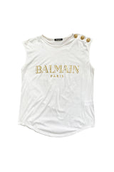 Recent Balmain Gold Logo Tee White T-Shirt with Gold Button Detailing