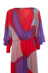 1970s Hanae Mori Full Sleeve Red & Purple Silk Chiffon Maxi Dress