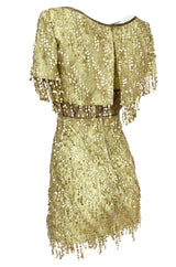 1991 Bob Mackie Gold Sequin Dangle Thread on Metallic Lace Mini Dress