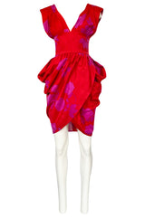 1980s Odicini Couture Coral & Pink Print Plunge Dress w Unusual Skirt