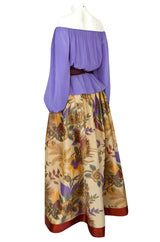 Fall 1977 Bill Blass Printed Silk Taffeta Skirt & Off Shoulder Purple Silk Top Dress Set