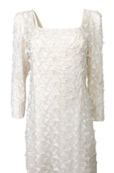 1970s Stavropoulos White Applique & Ivory Net Full Length Sheath Dress