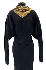 Fabulous 1930s Bias Cut Black Crepe w Gold Sequin Collar and Gold Metal Button Detail