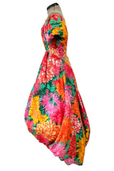 Brilliant Spring 1987 Arnold Scaasi Off Shoulder Silk Twill Floral Dress w Pouf Skirts
