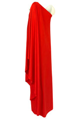 Documented 1978 Halston One Shoulder Red Draped Jersey Halston Dress