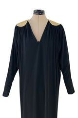 Easy to Wear 1980s Bill Tice Black Jersey Caftan Feel Dress w Gold Shoulder Detail