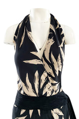 Gorgeous 1980s Valentino Haute Couture Black & Ivory Silk Print Plunging Halter Dress