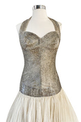 Rare Late 1920s Early 1930s Howard Greer Silver Beaded Halter Dress w Silk Tulle Net Tiered Skirt