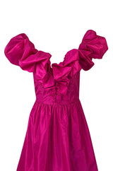 1980s Loris Azzaro Couture Bright Pink Silk Taffeta Backless Plunge Dress
