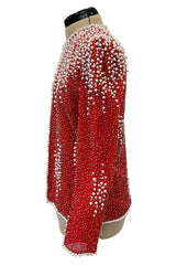 Prettiest 1980s Victoria Royal Faux Pearl & Silver Tube Bead Red Jacket