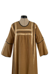 1960s Josefa Hand Embroidered w Brown Ribbon Detailing & Bird Motif Caftan Dress