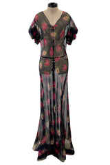 Prettiest 1930s Bias Cut Transparent Floral Print Silk Crepe Chiffon Dress w Capped Sleeves