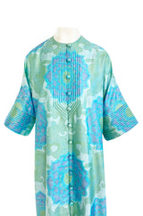 Gorgeous 1970s Pierre Balmain Soft Green and Blue Printed Thai Silk Caftan Dress or Evening Coat