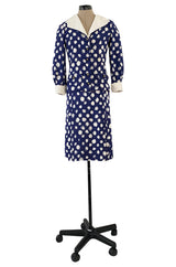 Spring 1977 Chanel Haute Couture Blue & White Silk Suit w Removable Collar