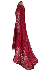 1986 Arnold Scaasi Couture Deep Red Lace Dress w Rhinestone Detailing & Trained Back Skirt