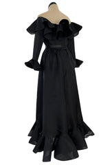 Gorgeous 1972 Nina Ricci Black Silk Gazaar Off Shoulder Dress W Ruffled Finishes
