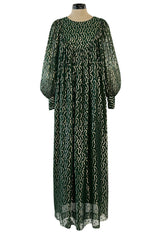 Extraordinary 1970s Christian Dior by Marc Bohan Gold Metallic Green Silk Chiffon Dress w Rope Belt