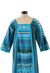 1960s Josefa Hand Made Ocean Blue Caftan Dress w Embroidery & Ribbon Details