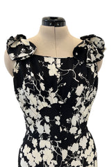 Prettiest 1930s Black & White Floral Print Bias Cut Silk Elaborate Ruffle Shoulder Dress