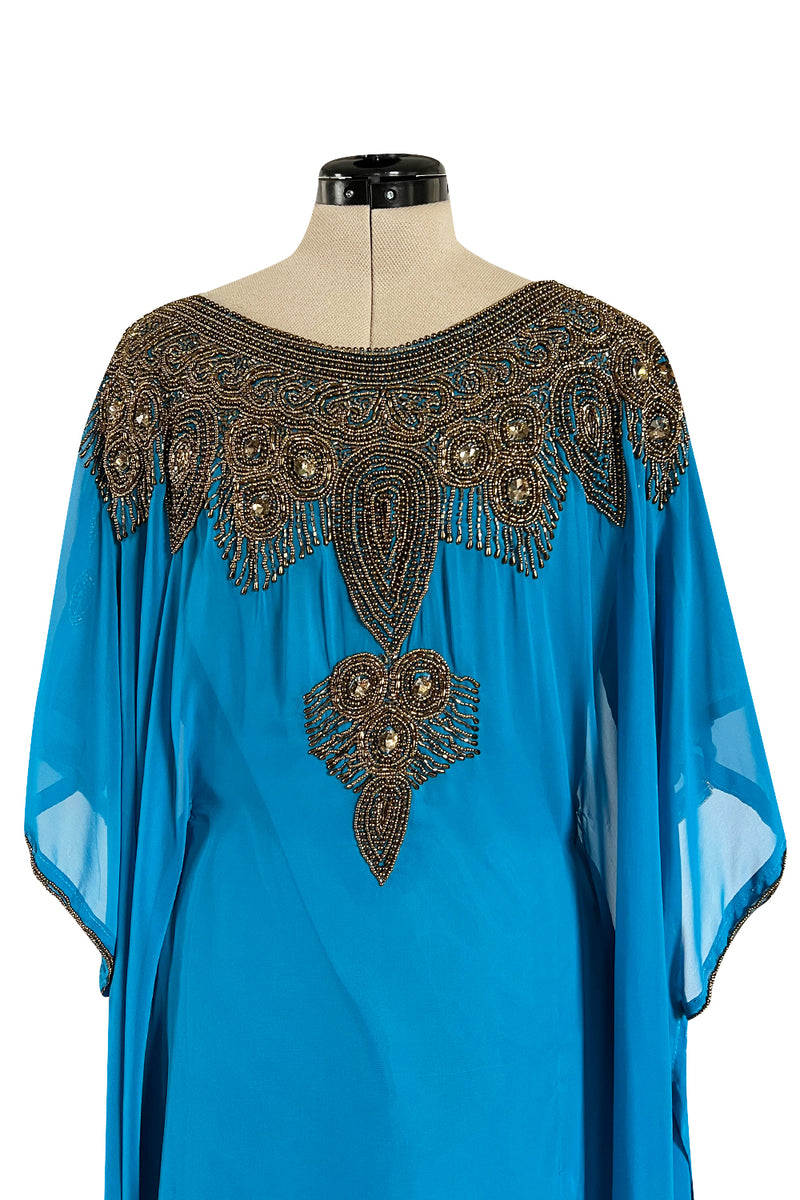 Vintage Unlabelled Beaded Chiffon Deep Turquoise Blue Caftan Dress w Inner Lining