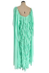 Prettiest 1980s Stavropoulos Soft Mint Green Silk Chiffon Dress w Full Cape Sleeves