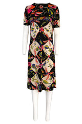1960s Emilio Pucci Unusual Bright Floral & Black Print Silk Jersey Dress