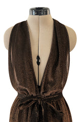 1970s Unlabeled Metallic Copper Lame Lurex Backless Jumpsuit w Halter Front