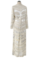 Iconic Spring 1981 Halston Fully Hand Beaded & Sequinned Silver & Ivory Silk Chiffon Dress
