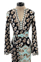 Fantastic 1970s Leonard Turquoise & Tan Fashion Silk Jersey Dress w Matching Tie Belt