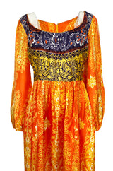 1960s Lucie Ann Silky Rayon Bright Orange Scarf Print Caftan Hostess Dress