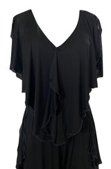 1970s Holly's Harp Black Jersey Ruffled Edge Pant & V Front Top Set