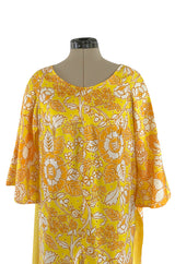 1960s Unusual Wrapped & Tie Printed Yellow Jumpsuit w Full Length Caped Back