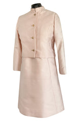 Late 1960s Malcolm Starr Butterfly Embroidered Collar Pale Pink Silk Shift Dress & Jacket Set
