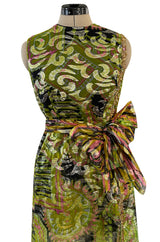 Fabulous 1960s Unlabeled Metallic Green Organza Dress Set w Matching Hot Pants & Gold Trim