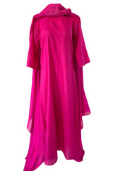 1980s Elaborate Crystal Covered Vibrant Pink Chiffon Caftan Dress