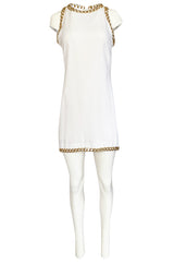 Early 1980s Paco Rabanne White Dress w Gold Metal Loop Detailing