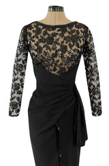 1980s Loris Azzaro Couture Black Silk & Net Sequin Floral Bodice Dress w Swag Hip Detail