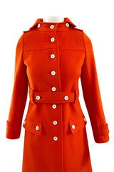 1971 Courreges Numbered Hyperbole Bright Orange Wool Coat w Quilted Interior