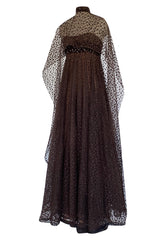 1960s Alfred Bosand Sequin Bodice Dotted Deep Brown Silk Net Dress W Matching Cape Overlay