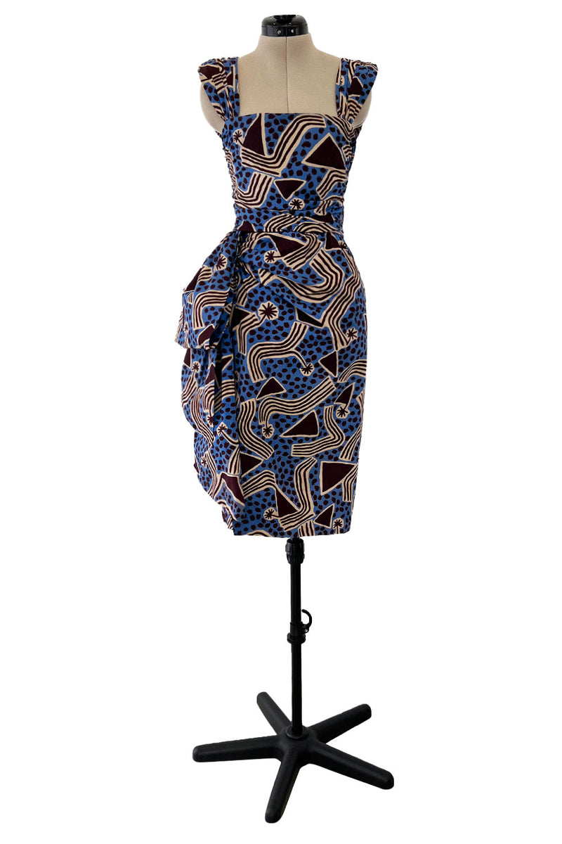 Resort 1983 Yves Saint Laurent Blue Printed Cotton Hip Swag Sarong Dress