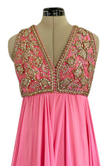 1960s Pat Sandler Pink Silk Chiffon Dress w Rhinestone & Gold Metal Cord Bodice Detailing