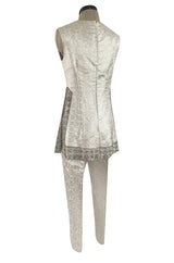 1960s Malcolm Starr Silver Silk Brocade Pant & Tunic Set w Extensive Beaded Detailing